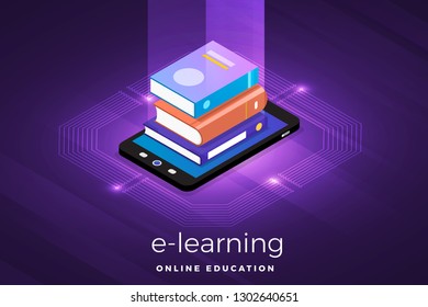 Isometric illustrations design concept technology solution on top with e-learning. Gradient background and digital graph chart thin line. Vector illustrate.