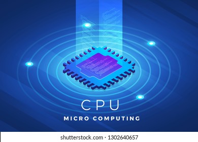 Isometric illustrations design concept technology solution on top with CPU Processor chip. Gradient background and digital graph chart thin line. Vector illustrate.
