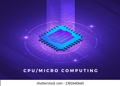 Isometric illustrations design concept technology solution on top with CPU Processor chip. Gradient background and digital graph chart thin line. Vector illustrate.