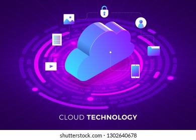 Isometric illustrations design concept technology solution on top with cloud service. Gradient background and digital graph chart thin line. Vector illustrate.