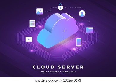 Isometric illustrations design concept technology solution on top with cloud service. Gradient background and digital graph chart thin line. Vector illustrate.