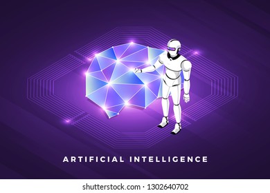 Isometric illustrations design concept technology solution on top with artificial intelligence. Gradient background and digital graph chart thin line. Vector illustrate.