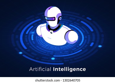 Isometric illustrations design concept technology solution on top with artificial intelligence. Gradient background and digital graph chart thin line. Vector illustrate.