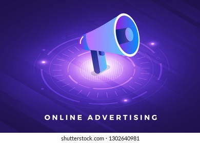 Isometric illustrations design concept technology solution on top with digital advertising. Gradient background and digital graph chart thin line. Vector illustrate.