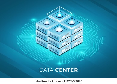 Isometric illustrations design concept technology solution on top with big data server. Gradient background and digital graph chart thin line. Vector illustrate.