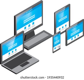 Isometric illustrations of desktop PCs, laptops, tablets, and mobile devices
