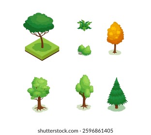 Isometric illustrations of different types of trees and bushes, including green trees on the ground and yellow deciduous trees. stock illustration