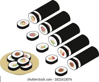 
Isometric Illustrations of Ehomaki (thick roll, sushi) set