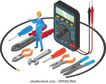 Isometric illustrations of electrical workers and tools