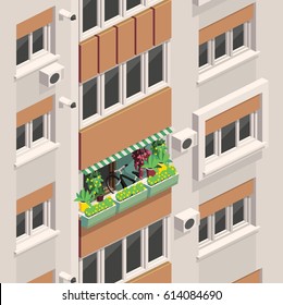 isometric illustrations with facade of a block of flats.