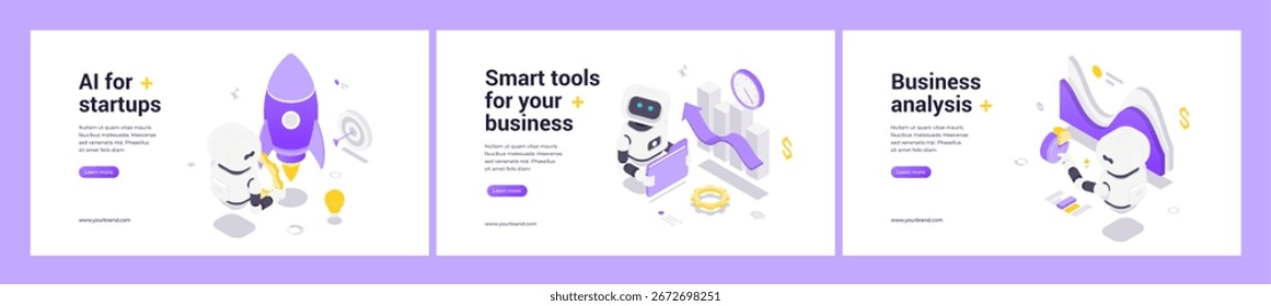 Ilustraciones isométricas que presentan la innovación de las startups impulsada por la IA, herramientas de negocios inteligentes y análisis de datos que respaldan las decisiones estratégicas y el crecimiento en entornos digitales modernos.
