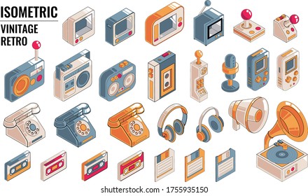  Isometric illustrations icons set retro vintage devices objects,retro style,everyday object,3d web icons set,isolate on white background.