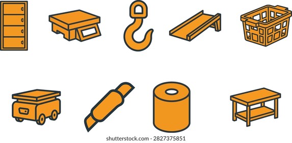 Isometric illustrations of industrial equipment like a scale crane hook slide with material handling supply chain warehouse logistics shipping transportation illustration collection industry