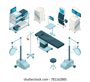 Isometric Illustrations Of Medical Equipment In Operating Room. Hospital Pictures Set. Medicine Equipment For Clinic And Operating Vector