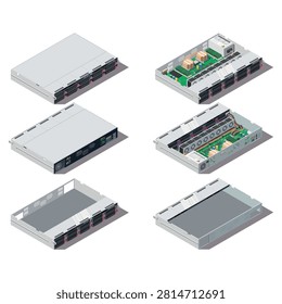 Isometric illustrations Rack Server Chassis Collection. Open, Closed and Empty Server Case Vector Set