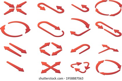 Isometric illustrations of red arrows in different directions.A set of three-dimensional icons isolated on a white background.3D objects.Vector illustration for banners websites ads and design element