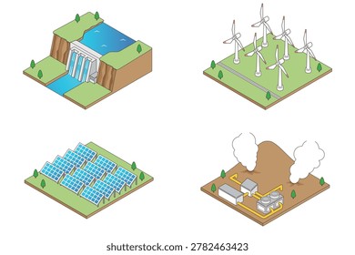 Isometric illustrations of renewable energy facilities: hydroelectric, wind, solar, and geothermal power generation set.