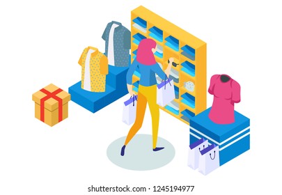 Isometric illustrations, shopping in a clothing store, vector illustration