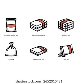 Ilustrações isométricas Seis estilos de sacos de cimento padrão dobrado empilhado empilhado impresso e derramado