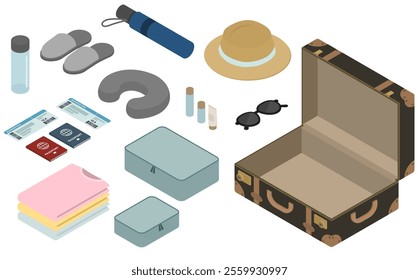 Isometric illustrations: suitcase and travel goods