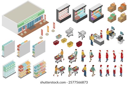 Isometric illustrations: supermarket and shopping people set