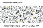 Isometric illustrations of the supply chain management process, showing the stages of SCM such as planning, sourcing, manufacturing, delivery, returns, and the flow of goods and services