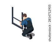 Isometric illustrations IT Technician Assembling Server Rack Frame