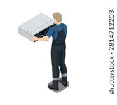 Isometric illustrations IT Technician Carrying Rack Server for Data Center Installation