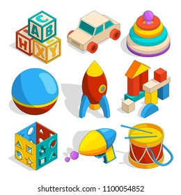 Isometric illustrations of various childrens toys. Car and cube, rocket and pyramid vector