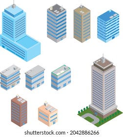 Isometric illustrations of various types of buildings
