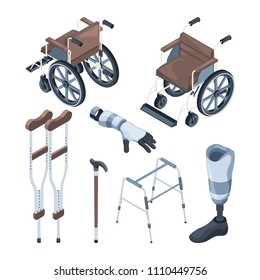 Isometric illustrations of wheelchair and other various objects for disabled peoples. Vector prosthesis equipment, crutch medical, prosthetic artificial foot and hand