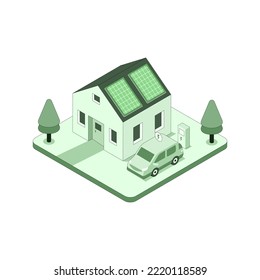 isometric ilustration of green house technology with solar panel and electric car