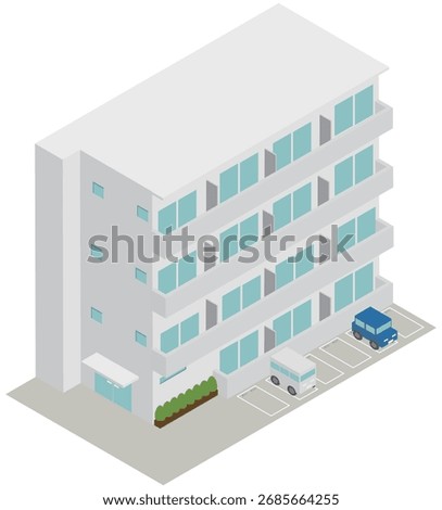 Isometric image of an apartment building with a parking lot