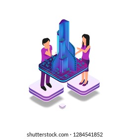Isometric Image Augmented Reality for Architect. Vector Illustration Group Architect Working on Hologram Skyscraper Project. Man and Woman Engineer. Augmented Virtual Reality to Work
