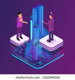 Isometric Image Augmented Reality for Architect. Vector Illustration Group Architect Working on Hologram Skyscraper Project. Man and Woman Engineer. Augmented Virtual Reality to Work