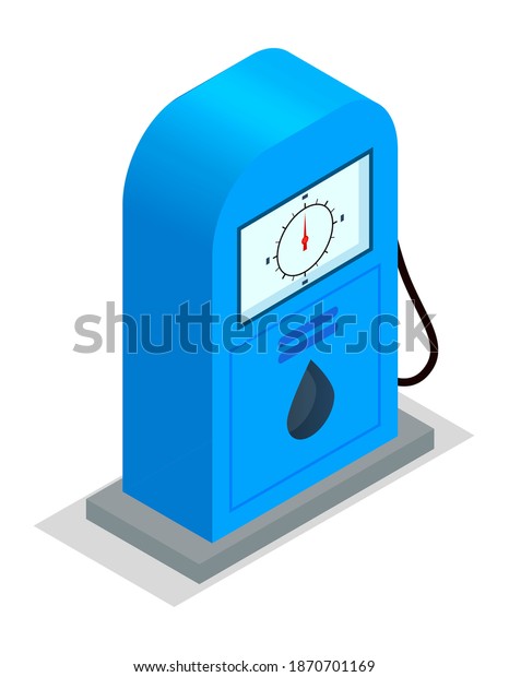 Isometric image of a blue petroleum station.\
Oil pump. Equipment for refueling vehicles. Gas station, refueling\
gun. Oil industry. Petroleum industry pollution vector presentation\
infographic