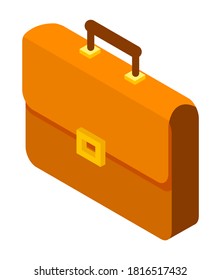 Isometric image of brown leather briefcase, business bag with yellow metal fastener on the lid. Rectangular case for documents. Male and female accessories. E-commerce. Flat isometric image on white