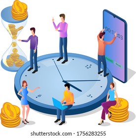Imagen isométrica de la actividad empresarial.Gestión del tiempo.Trabajo en equipo y control del tiempo.Personas, relojes y smartphones.El concepto de comunicación corporativa.