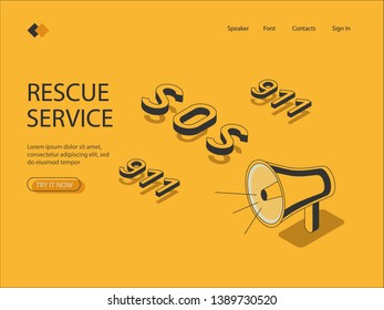 Isometric image of the call for help. Visualization on yellow background of loudspeaker with call for help, geometric fonts, rescue phone number. Vector illustration.