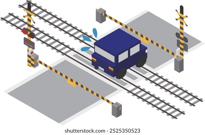 Isometrisches Bild eines Autos, das an einem Bahnübergang festsitzt