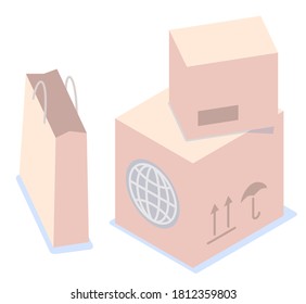 Isometric image of cardboard postal parcels, boxes, paper shopping package. Globe icon, postage stamps. International parcels, transportation. Customer journey concept. Flat vector image on white