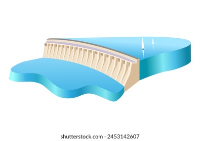 Isometric image of a concrete dam on a white background. Vector 3d illustration