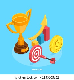 isometric image, the cup stands next to the target and a large gold coin