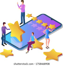 Isometric image of the customer service process.Assessment of the business activity rating.Formula feedback from customers.Evaluation of the app's performance by people, smartphone and stars rating.