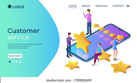 Isometric image of the customer service process.Assessment of the business activity rating.Formula feedback from customers.Evaluation of the app's performance by people, smartphone and stars rating.