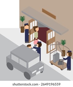 Isometric image of a doorman at the entrance of a hotel