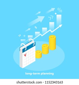 isometric image, financial success and profit, calendar next to gold coins and rising arrow