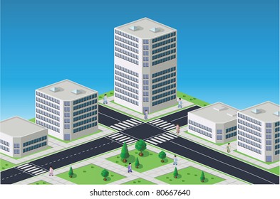 Isometric image of a fragment of the city on a colored background