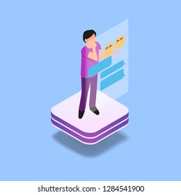 Isometric Image Gaming in Virtual Reality in 3d. Vector Illustration Man Chat Online. Modern Technologies Future for Communication People. Computer Screen Projection. Internet Allows You Keep Touch.