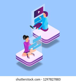 Isometric Image Gaming in Virtual Reality in 3d. Vector Illustration Man and Woman Friend Chat Online. Modern Technologies Future for Communication People. Internet Allows You Keep Touch